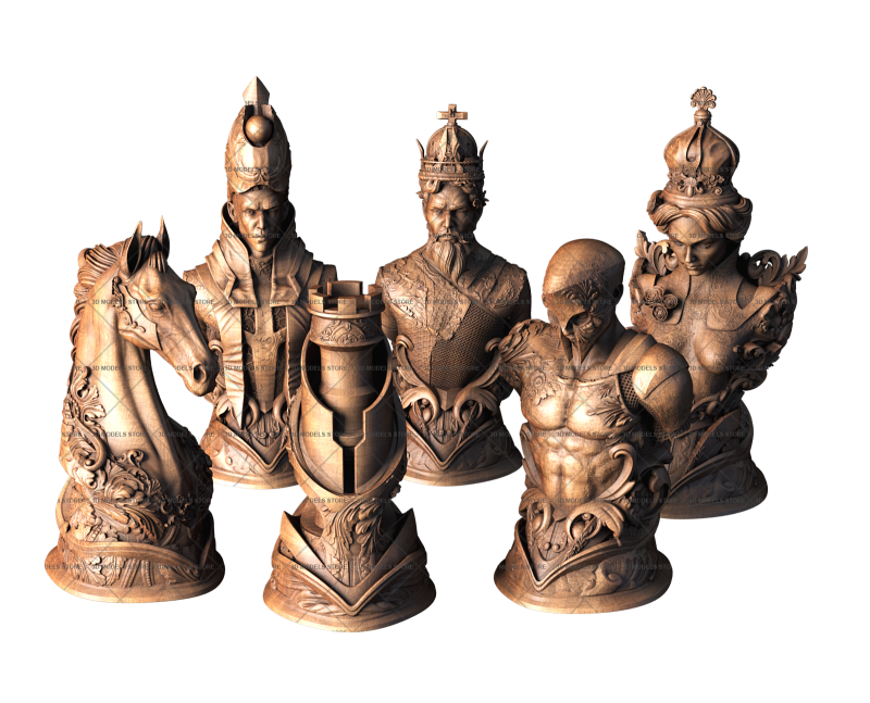 Chess set with unusual knights design, 3d models (stl)